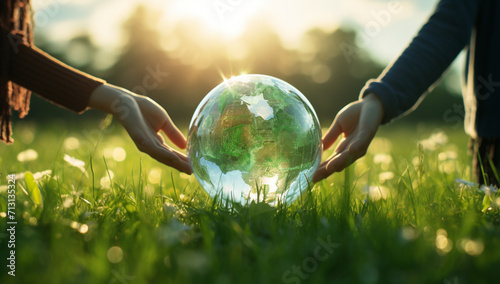  hand is holding a globe with the concept of my green earth