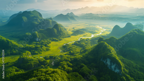Aerial View of Lush Green Valleys at Dusk photo