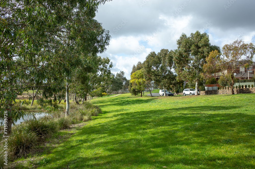 Background texture of a large lawn with healthy and green grass near some suburban houses. A local park in a Melbourne’s suburb with open space, plants and a water pond. Copy space for your design.