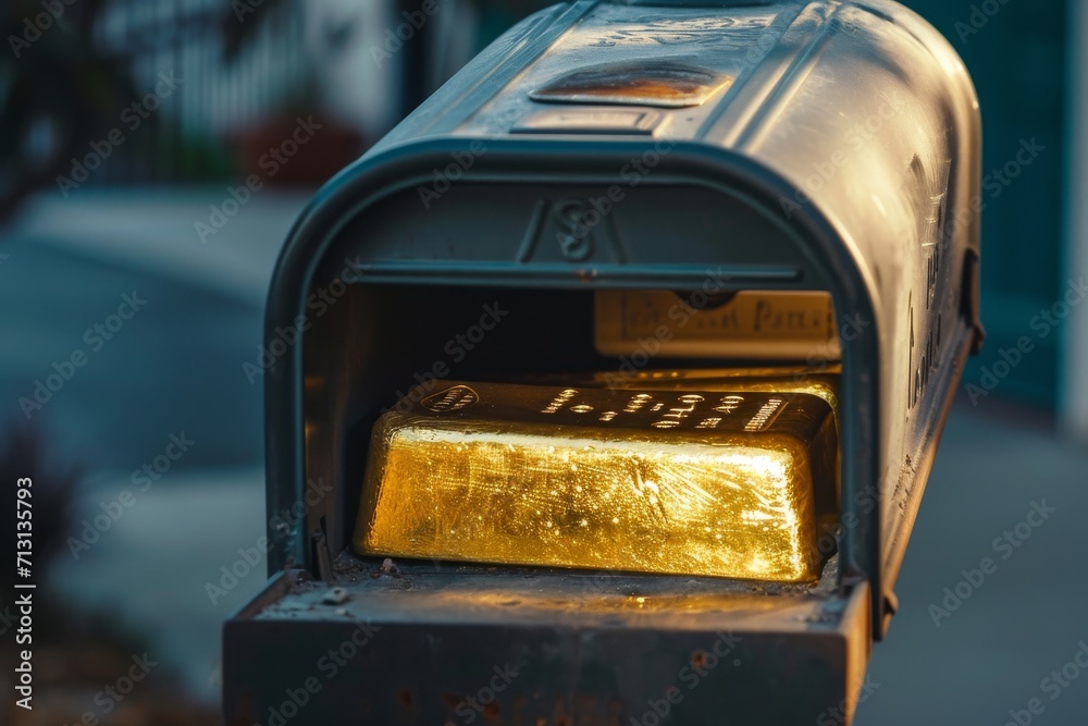 mailbox is metallic and gold bars inside mailbox is metallic and gold bars inside