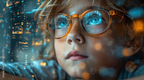 Curious child gazing through window, digital world reflection in glasses. future vision. AI