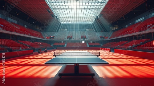Before competition. Warm sunlight floods empty sports field with ping pong tables photo