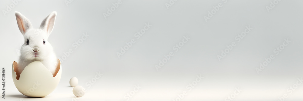 White rabbit peeks out from a cracked egg, against a soft grey backdrop. Happy Easter banner White rabbit peeks out from a cracked egg, against a soft grey backdrop. Happy Easter banner