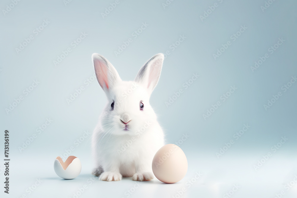 Pure white rabbit gazes curiously beside an egg, against a cool blue backdrop, evoking the peaceful joy of Easter.