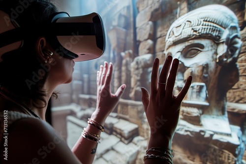 Virtual Reality Exploration of Ancient Ruins by young woman