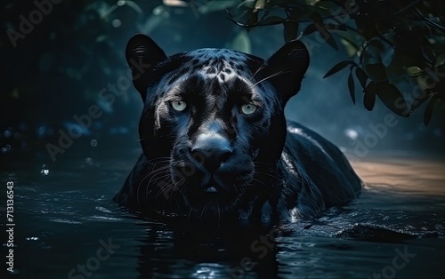 A sleek black panther gracefully emerges from the depths of the water, its powerful snout glistening in the sunlight as it surveys the vibrant outdoor landscape, a striking contrast to the nearby hip