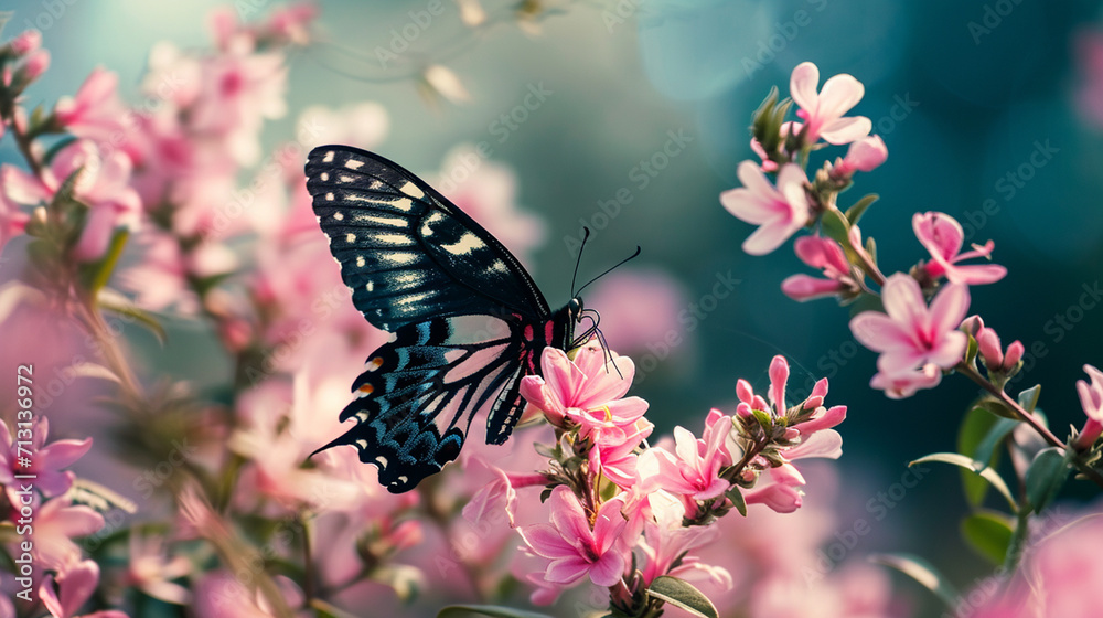 Beautiful butterflies on delicate pink flowers. selective focus. Generative AI, Beautiful butterflies on delicate pink flowers. selective focus. Generative AI,