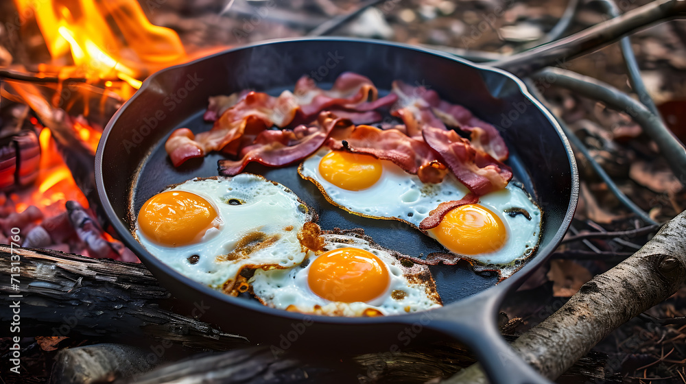 Camping breakfast with bacon and eggs in a cast iron skillet. Fried eggs with bacon in a pan in the forest. Food at the camp. Scrambled eggs with bacon on fire. Picnic Camping breakfast with bacon and eggs in a cast iron skillet. Fried eggs with bacon in a pan in the forest. Food at the camp. Scrambled eggs with bacon on fire. Picnic