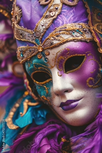 A close up view of a purple and blue mask. This image can be used for various purposes