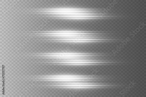 Set of white horizontal highlights. Laser beams of light. The effect of flickering light flashes. On a transparent background.