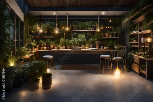 Immerse yourself in the serenity of an outdoor sanctuary filled with gardening tools and a symphony of flourishing plants. Perfect lighting enhances the super