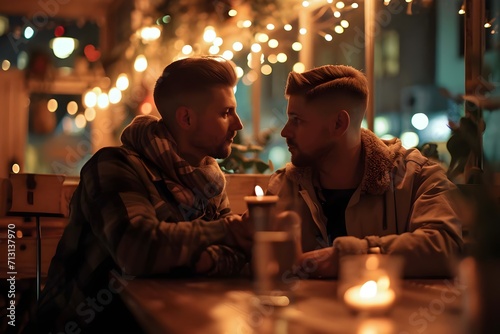 Two young men sitting at the table in cafe and looking at each other.