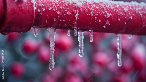 L'image montre un gros plan d'un objet cylindrique rouge auquel sont suspendus des glaçons transparents. La surface de l'objet est couverte de gouttelettes d'eau, ce qui suggère qu'il pourrait être mo photo