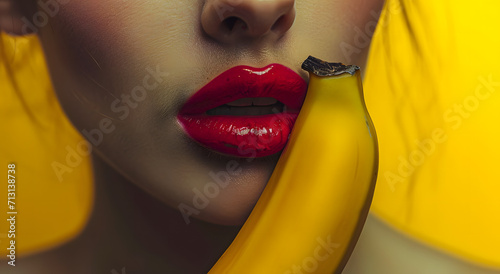 A woman holding yellow banana near her face, sex association, promotion of love and tolerance.   photo