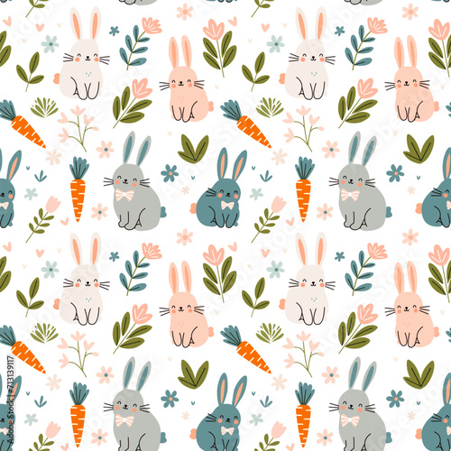 Seamless eastern pattern with rabbit, flowers and carrot. Pastel cute gentle style, texture  backgound  vector illustration for textile or fabric