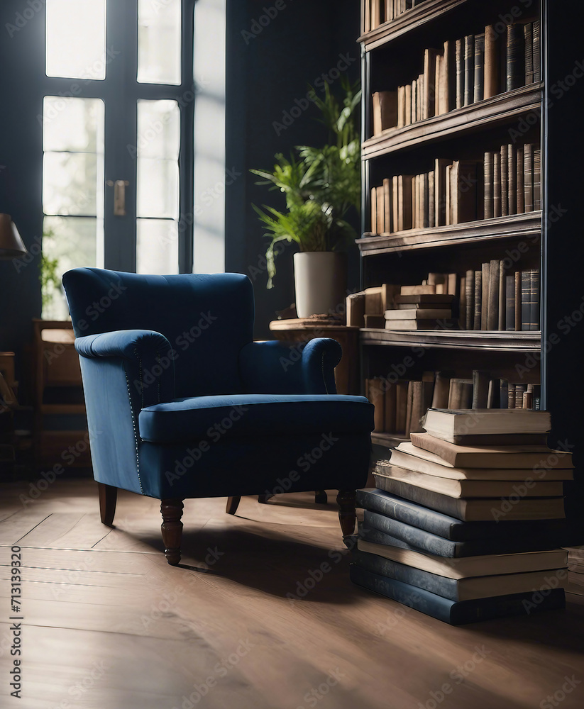 Arm chair in a room with book shelves Arm chair in a room with book shelves