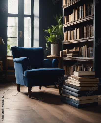 Arm chair in a room with book shelves