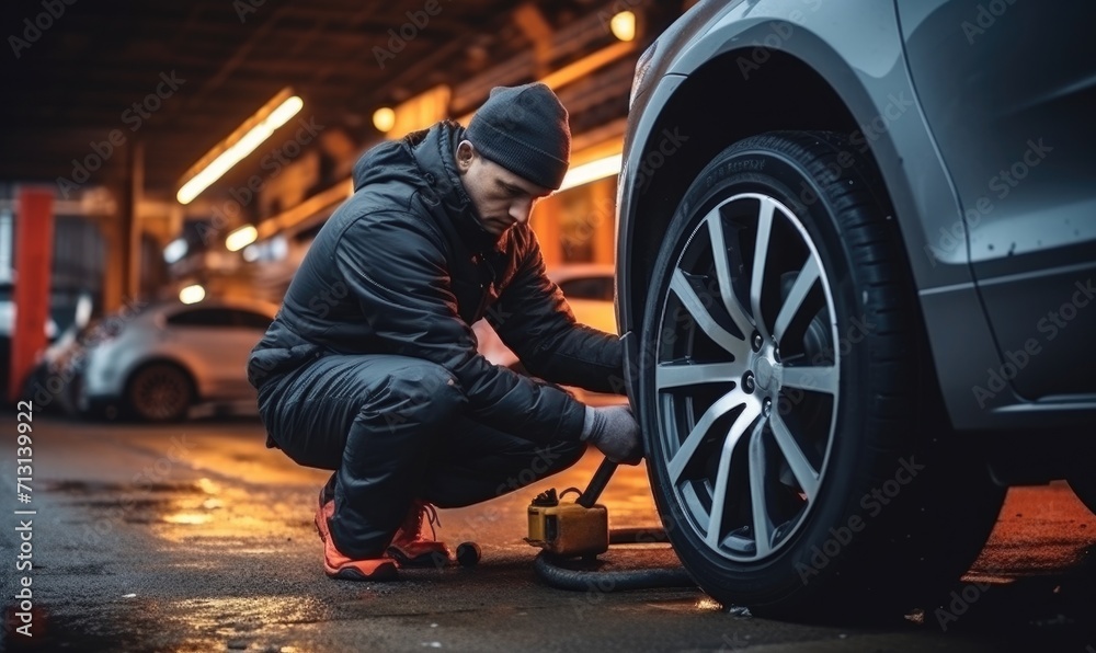 A car mechanic changes a wheel on a car