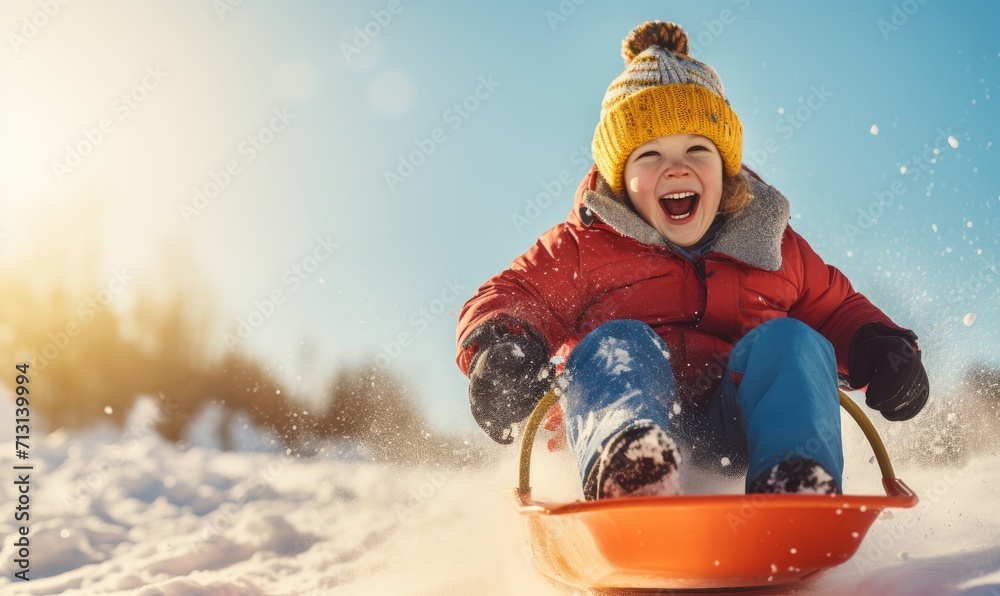 Father and son sledding during winter holiday. Sledding on bobsledge in the snow with amazing background Father and son sledding during winter holiday. Sledding on bobsledge in the snow with amazing background