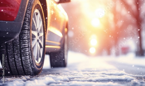 Winter tires on snow road with amazing background. Close up photo of winter tires © Daniela