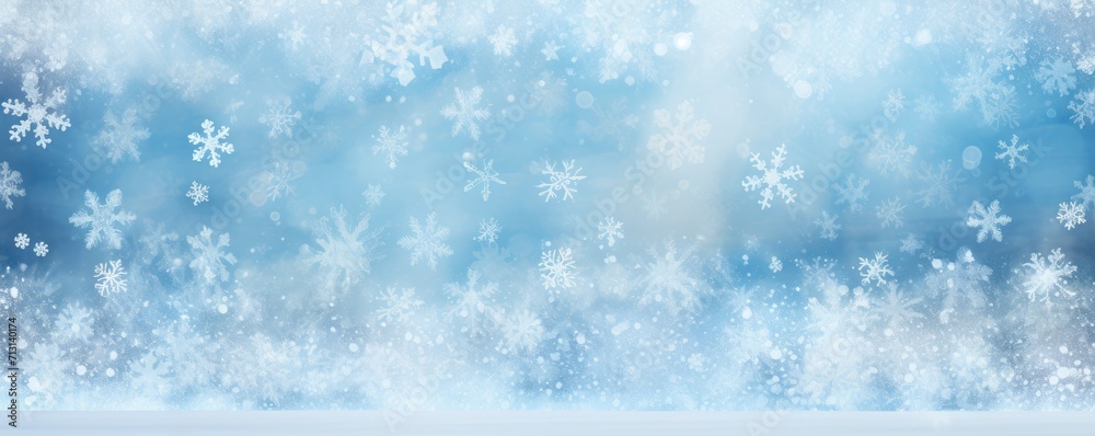 Christmas white snowflakes in the blue sky at a window shutter backgrounds. Freezing winter holiday, blue snowflakes background.