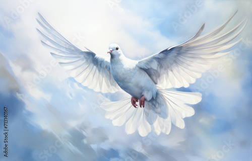 Flying dove on sky background with clouds. Freedom and peace concept.