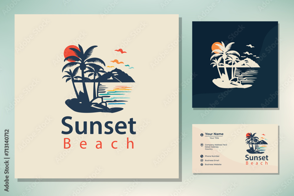 Sunset Beach Coast Island, Sun Shore Ocean Sea Wave for Summer Surf Vacation logo design inspiration Sunset Beach Coast Island, Sun Shore Ocean Sea Wave for Summer Surf Vacation logo design inspiration