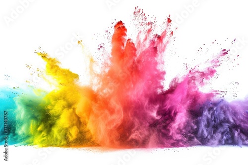 Colorful powder explodes in a vibrant burst on a clean white background. Perfect for festive celebrations and dynamic visual effects