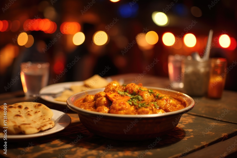 A bowl of curry with naan bread on the side. A bowl of curry with naan bread on the side.