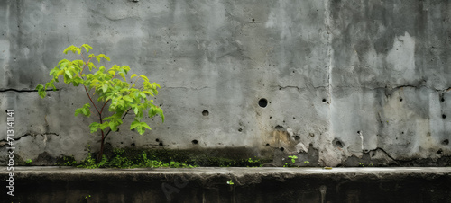 Tree growing on concrete wall background. Concept of urbanization and sustainable environment photo