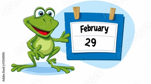 Leap day, 29 February 2024 illustration with Green Frog, calendar with date 29 February. Leap year, one extra day, Happy Leap Day greeting card. photo