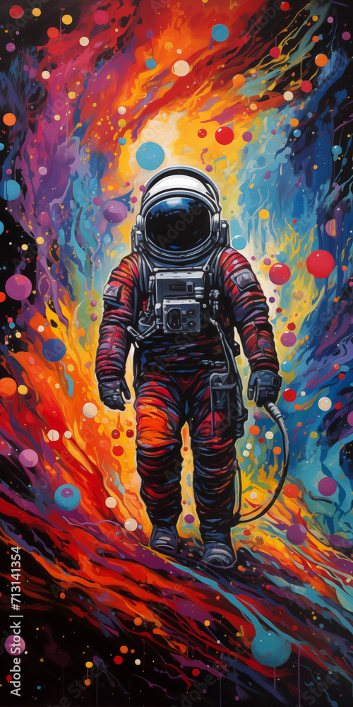 Astronaut Floating in Vividly Colored Space - obrazy, fototapety, plakaty 