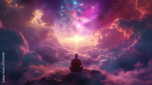 Man meditating in pink clouds