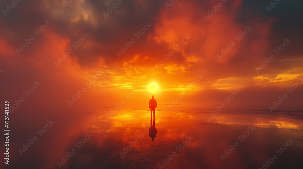Man waching the sunrise in the lagoon