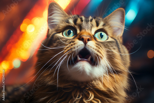 Close-up portrait of striped scaredy cat with open mouth.