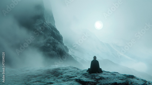 Monk meditating on the foggy mountain photo