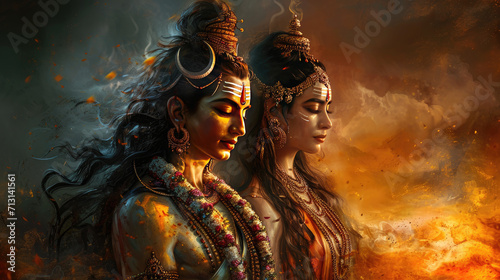 Shiva and parvati facing fire in meditative abstract art concept