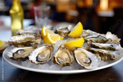 Freshly shucked oysters with lemon wedges, and bokeh lights adding a touch of sophistication. 