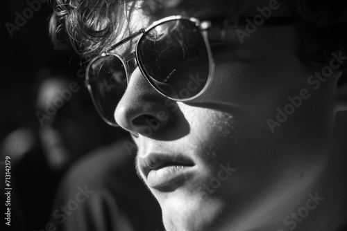 A close-up shot of a person wearing sunglasses. Perfect for fashion, summer, or outdoor-themed projects