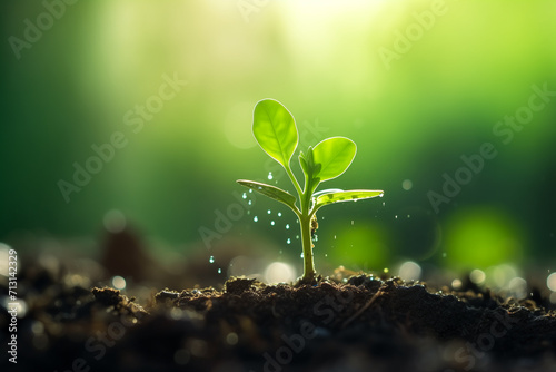 young plant with drop of water Growing, a young plant sprouted on the ground in raindrops under sunlight, generative ai