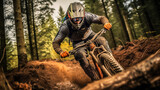 Mountain biker tackling rugged trail with intense focus