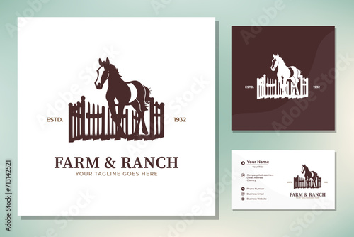 Horse silhouette behind wooden fence paddock for vintage retro rustic countryside western country farm ranch logo design