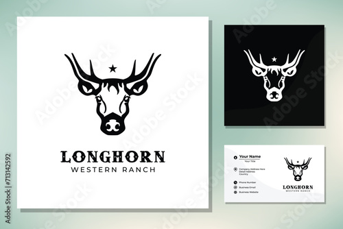 Texas Longhorn Cow, Country Western Buffalo Bull Cattle for Ranch Countryside Farm Vintage Label Logo Design (ID: 713142592)
