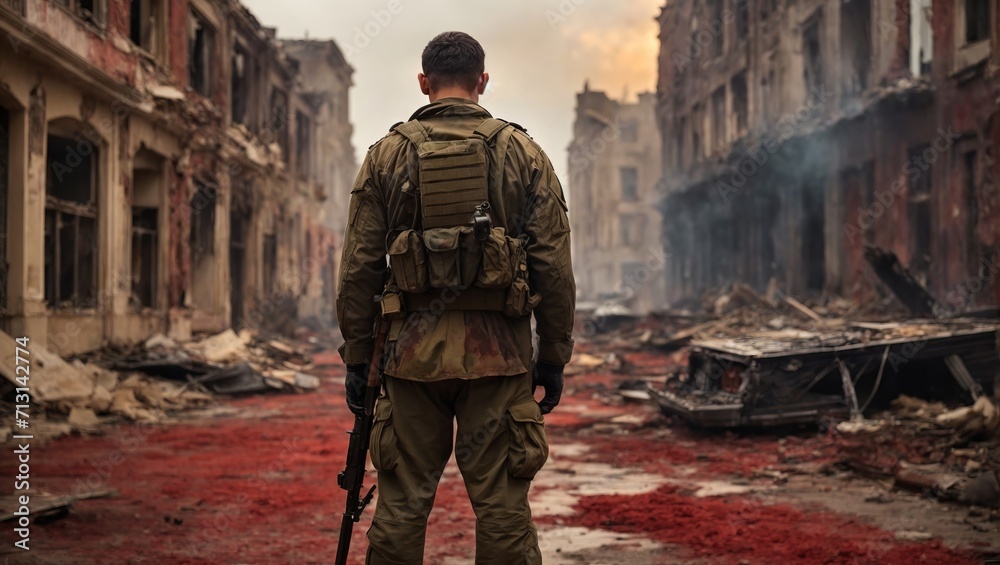 A soldier stands in a destroyed city A soldier stands in a destroyed city