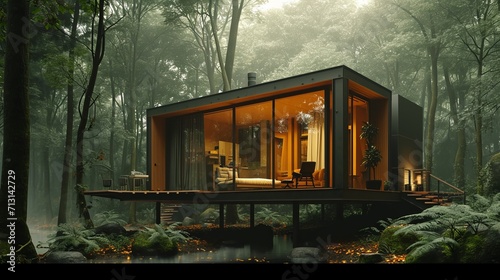 Elegant little house in forest in tall pine trees, cozy wood terrace, in the style of wood walls and glass, minimalistic and clean, in the style of luxurious geometry