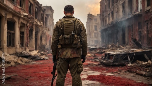 A soldier stands in a destroyed city