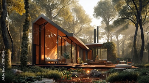 Elegant little house in forest in tall pine trees,  cozy wood terrace, in the style of wood walls and glass, minimalistic and clean, in the style of luxurious geometry