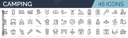 Set of 45 outline icons related to camping. Linear icon collection. Editable stroke. Vector illustration