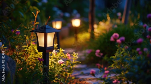 A pathway with a lamp in the middle. Suitable for outdoor and garden themes photo