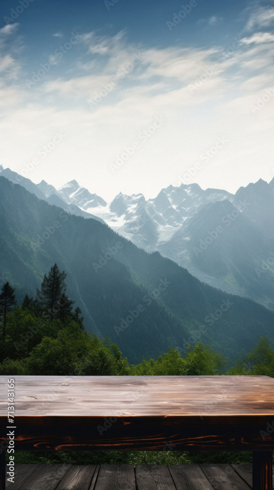 Wooden table mountains bokeh background, empty wood desk surface product display mockup with blurry nature hills landscape abstract travel backdrop advertising presentation. Mock up, copy space. Wooden table mountains bokeh background, empty wood desk surface product display mockup with blurry nature hills landscape abstract travel backdrop advertising presentation. Mock up, copy space.